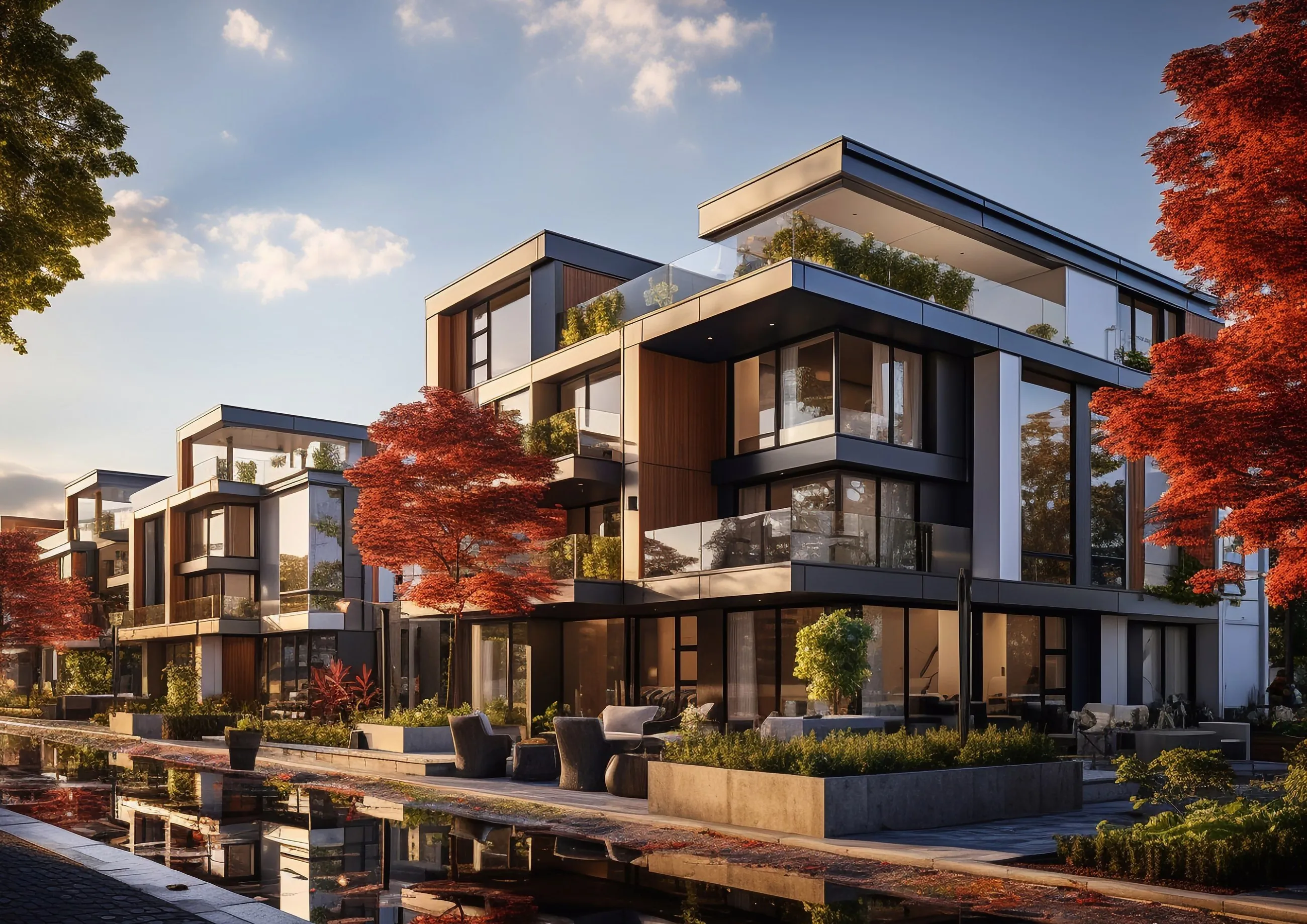 Modern townhouses with timber balconies behind a red maple at sunset