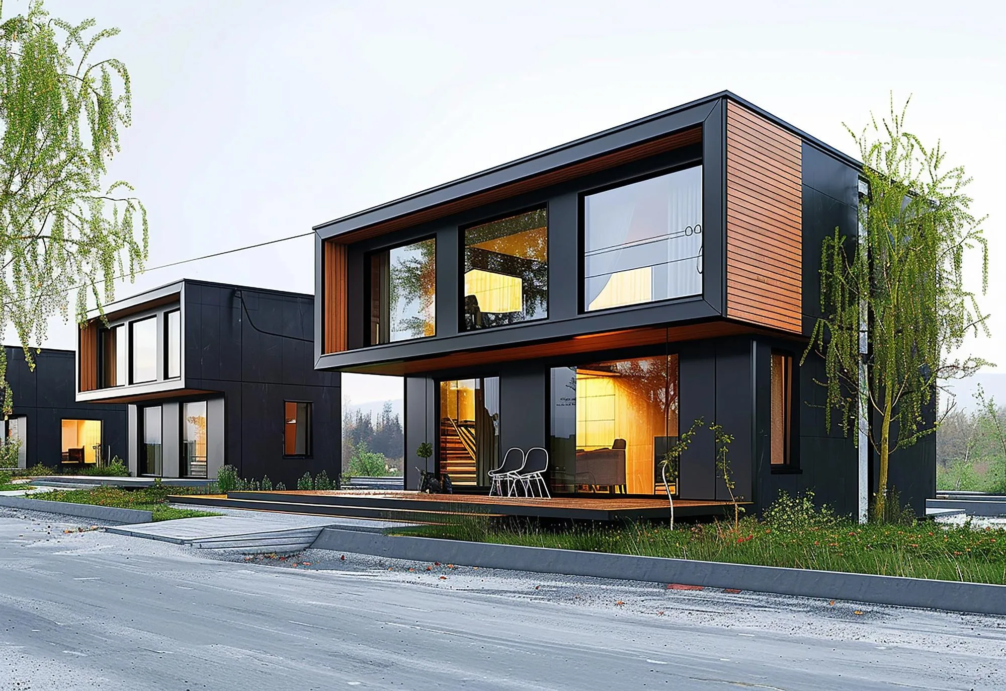 Black and cedar-clad modern house with a glazed corner