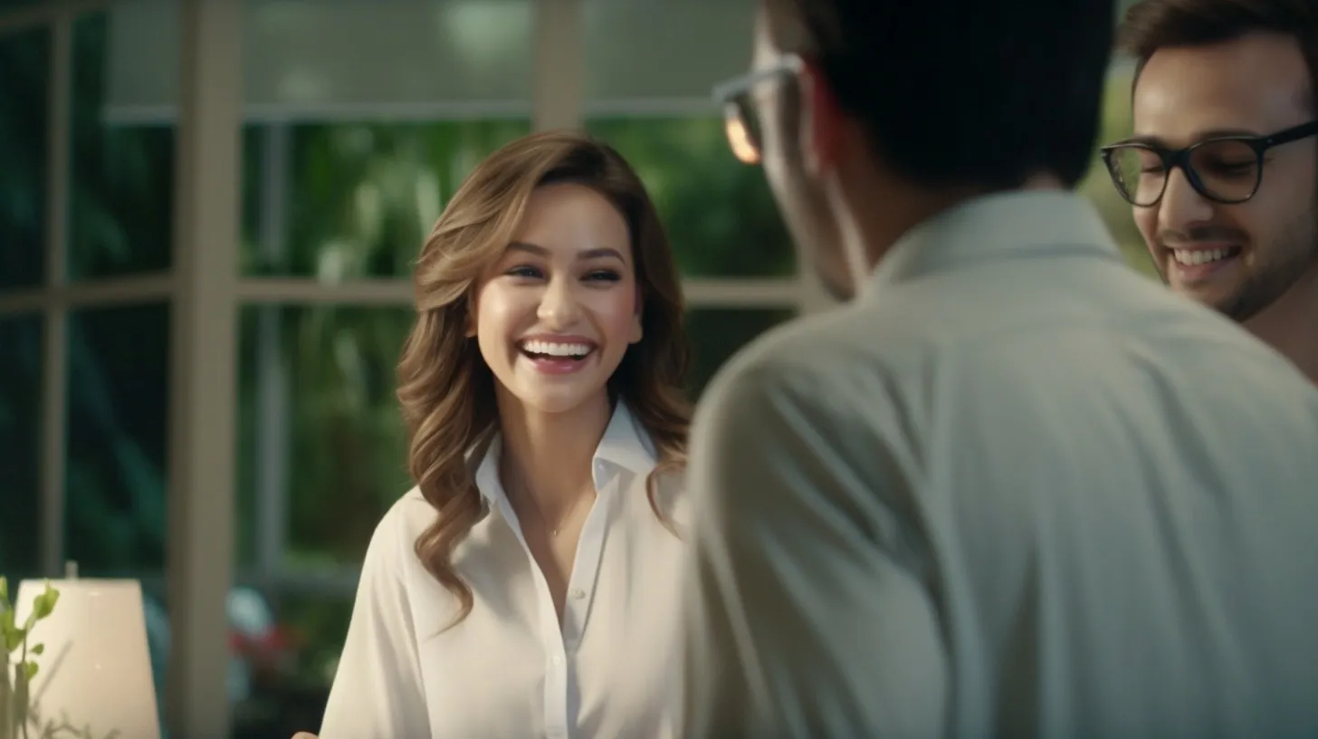 An agent and a client laughing together during a meeting