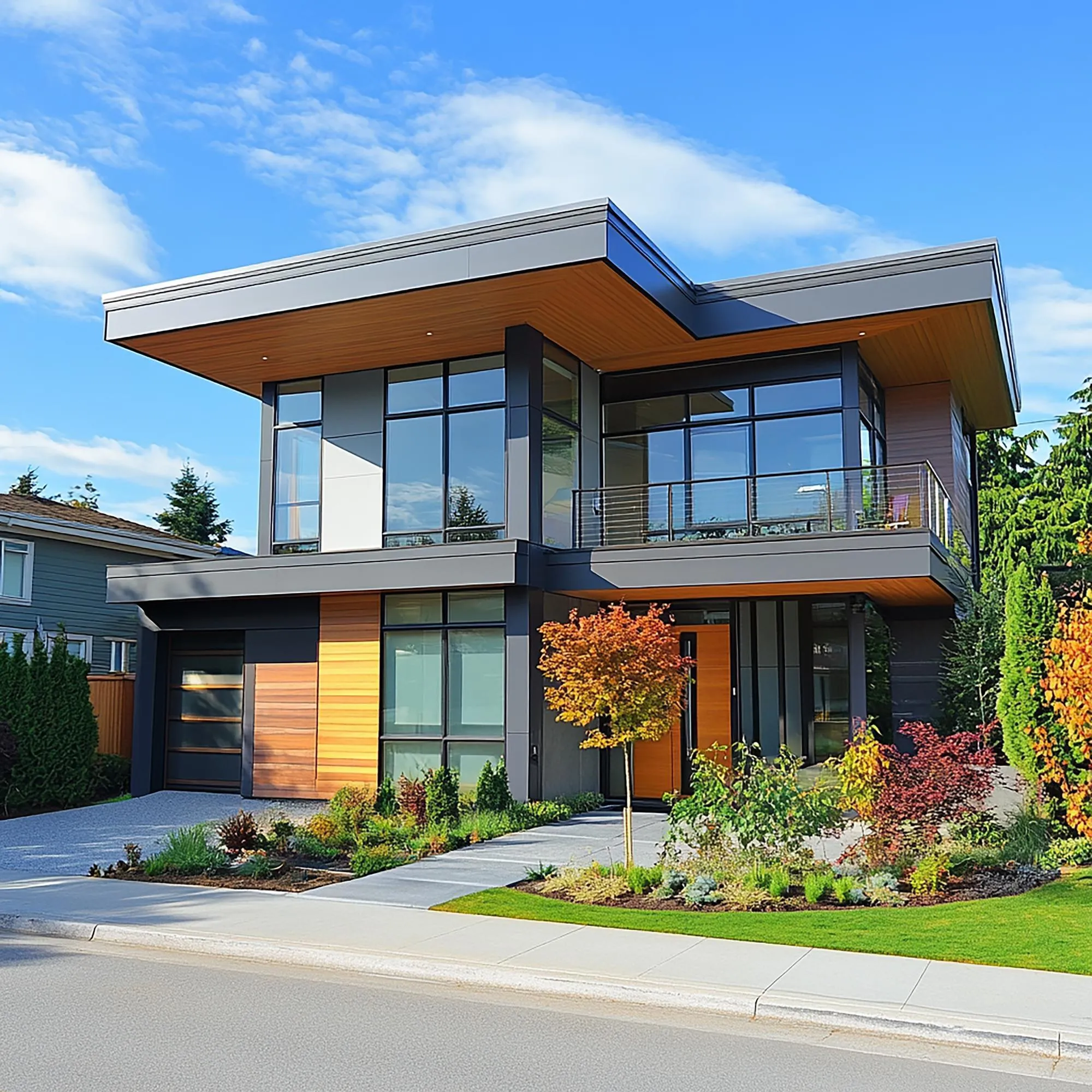Two-storey modern house with wide eaves, an orange accent wall and a planted front garden