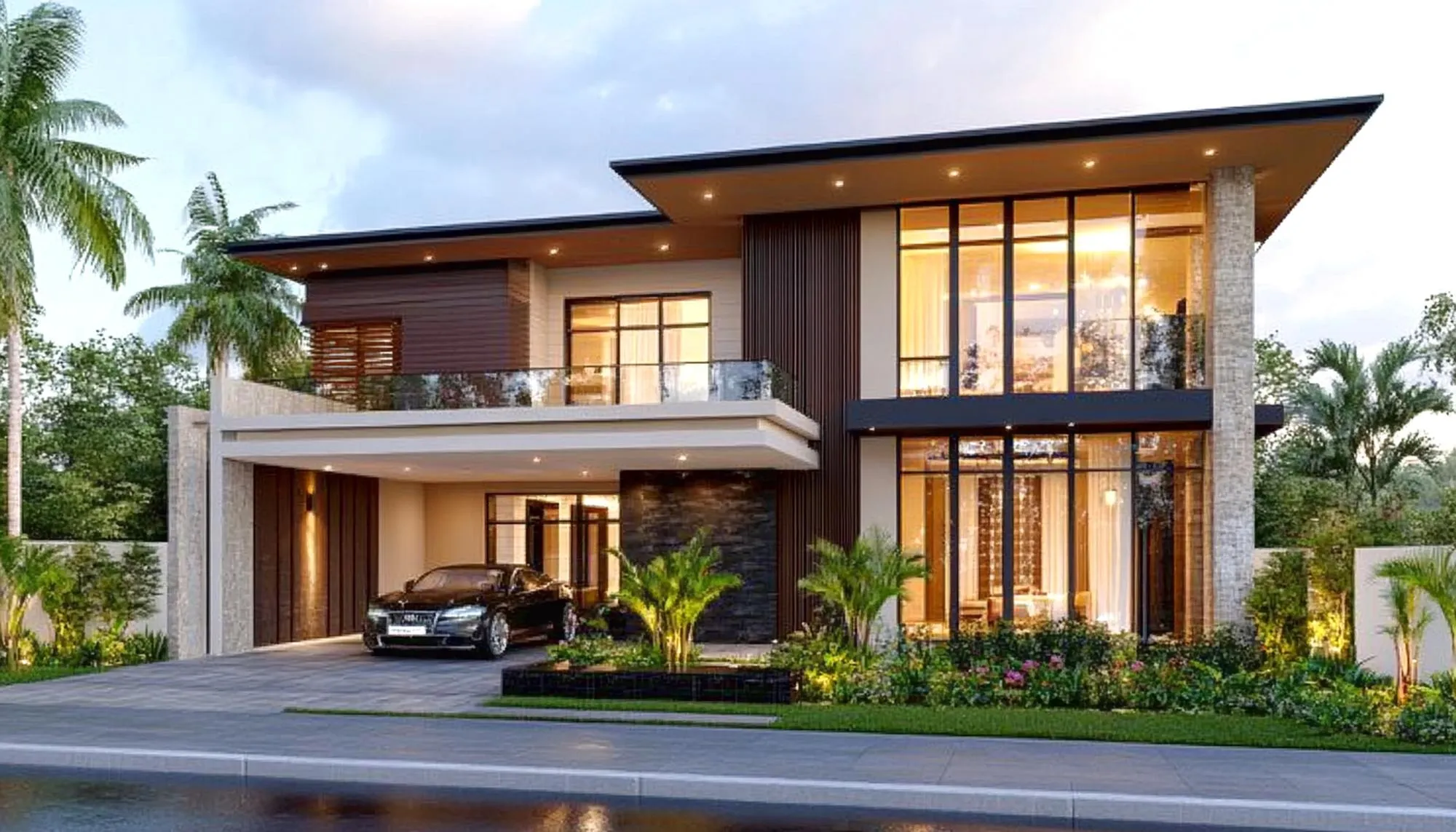 Contemporary villa with timber cladding, glass balconies and a lit front garden