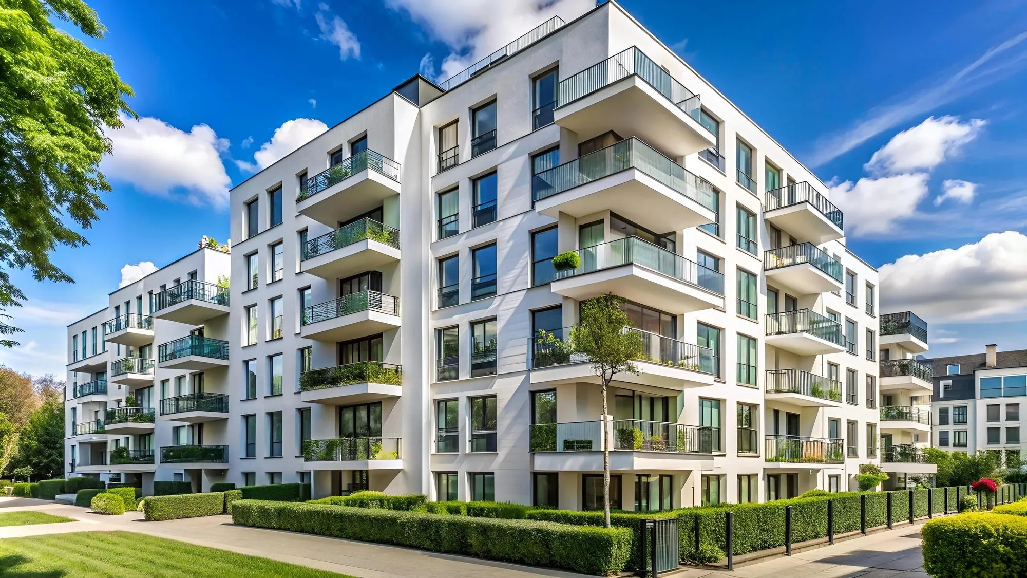 Six-storey white apartment building with planted balconies and a hedge-lined garden