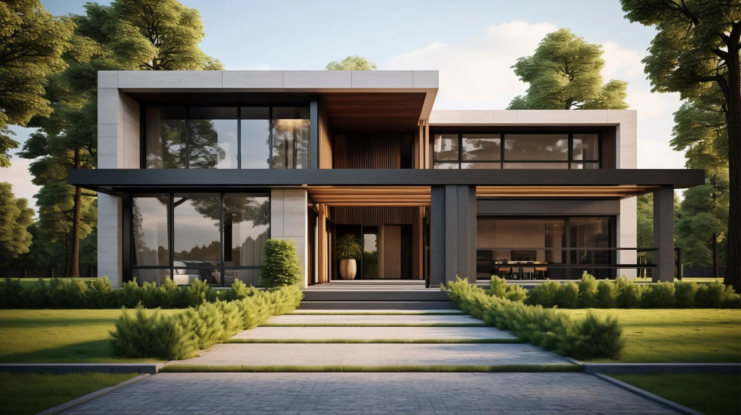 Stone and timber villa behind a long garden walk