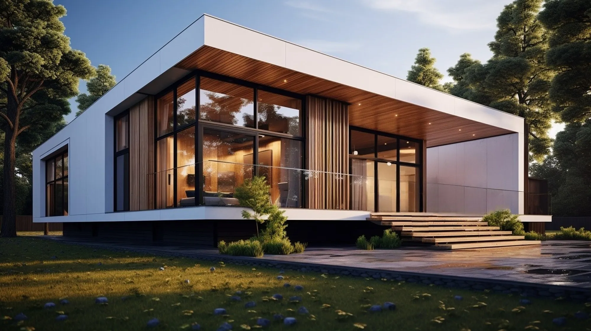 Single-storey glass villa under a white cantilevered roof at sunset