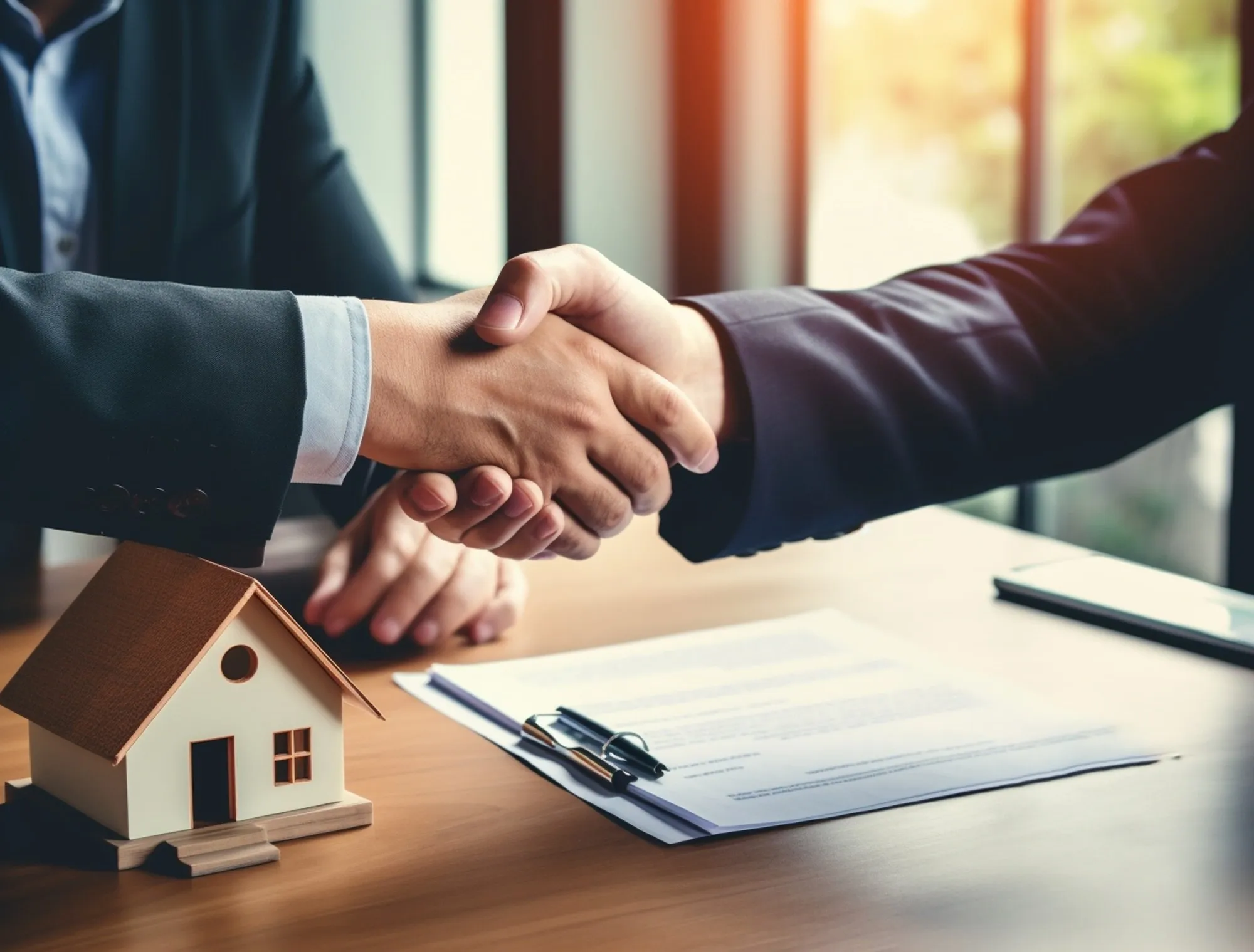 Two people shaking hands over a signed agreement and a small model house