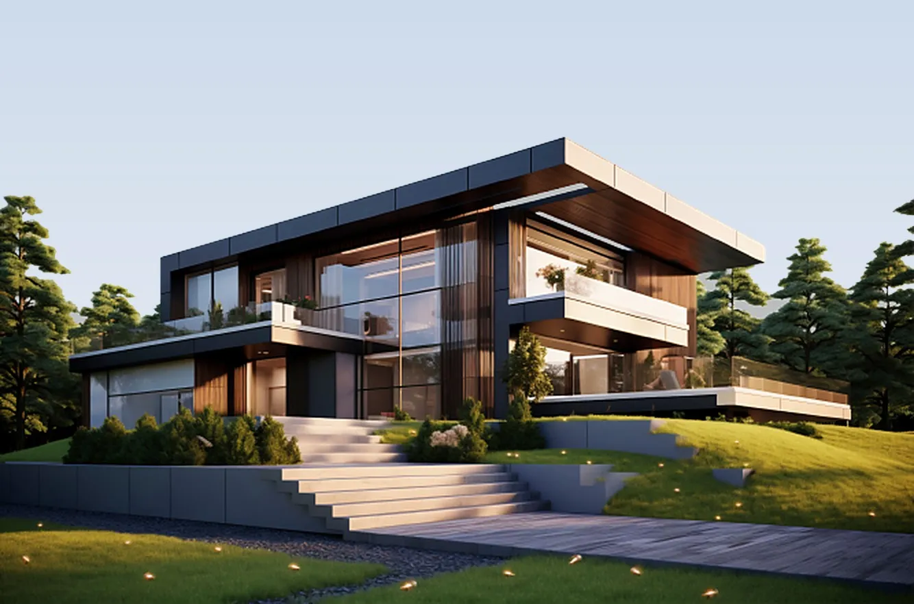 Modern villa with a cantilevered timber upper floor above landscaped steps