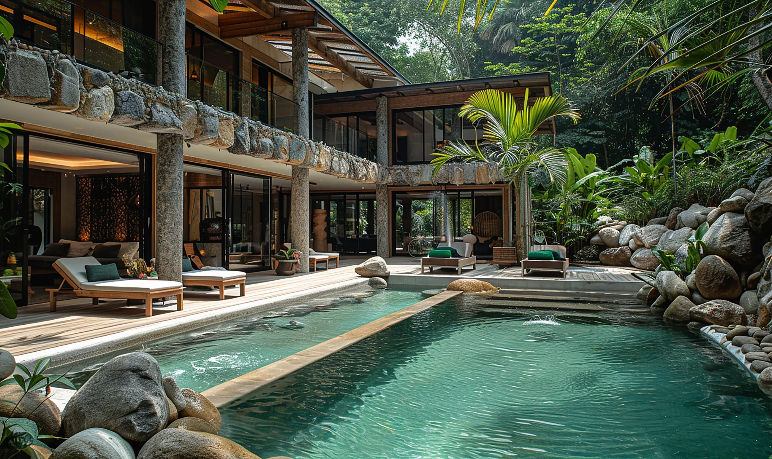 Resort-style home with timber pergolas around a pool