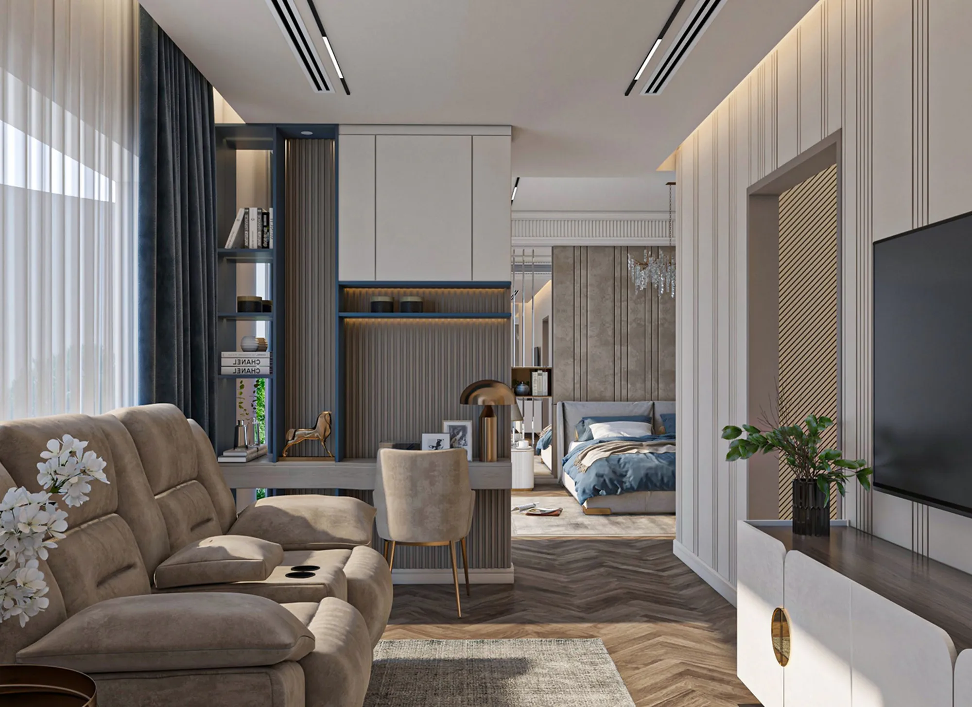 Open living area with built-in joinery leading through to the bedroom