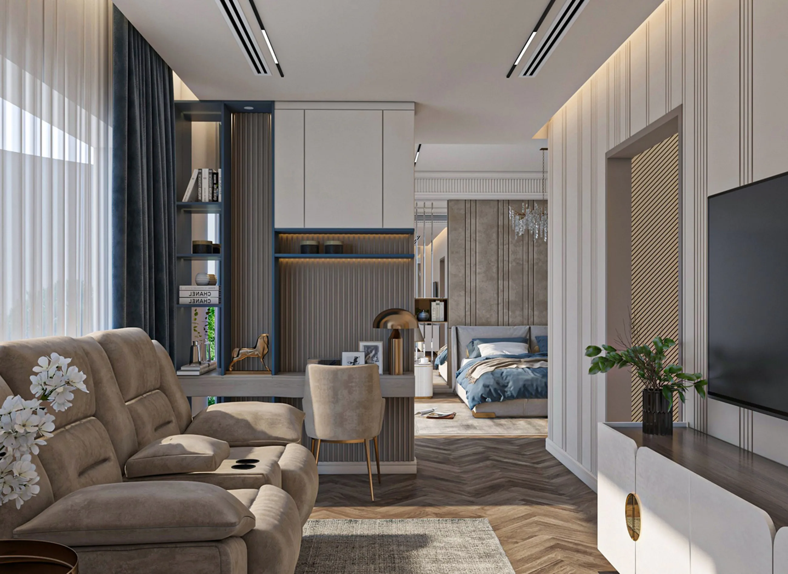 Open living area with built-in joinery