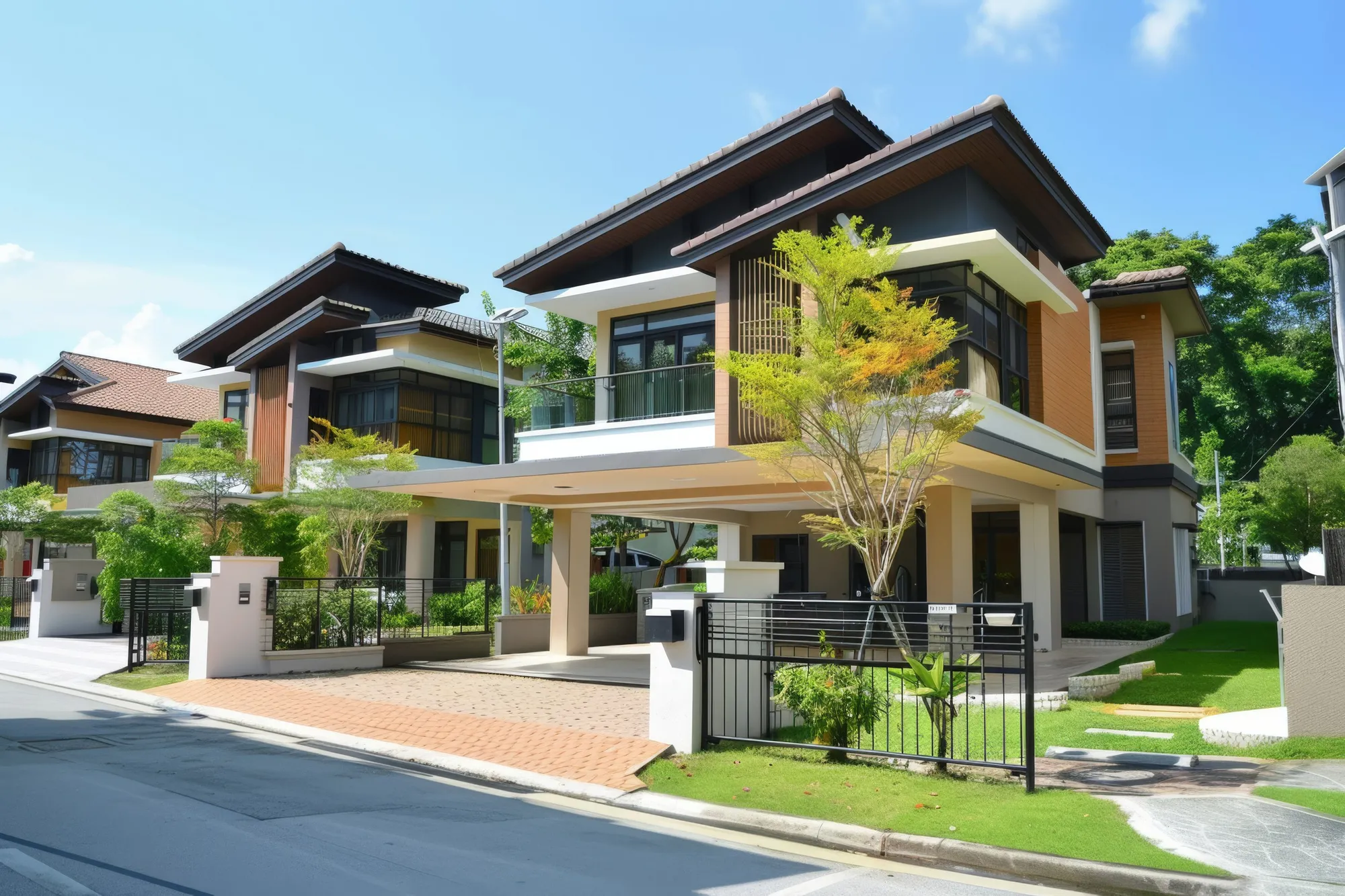 Row of modern townhouses with dark pitched roofs behind white gate posts