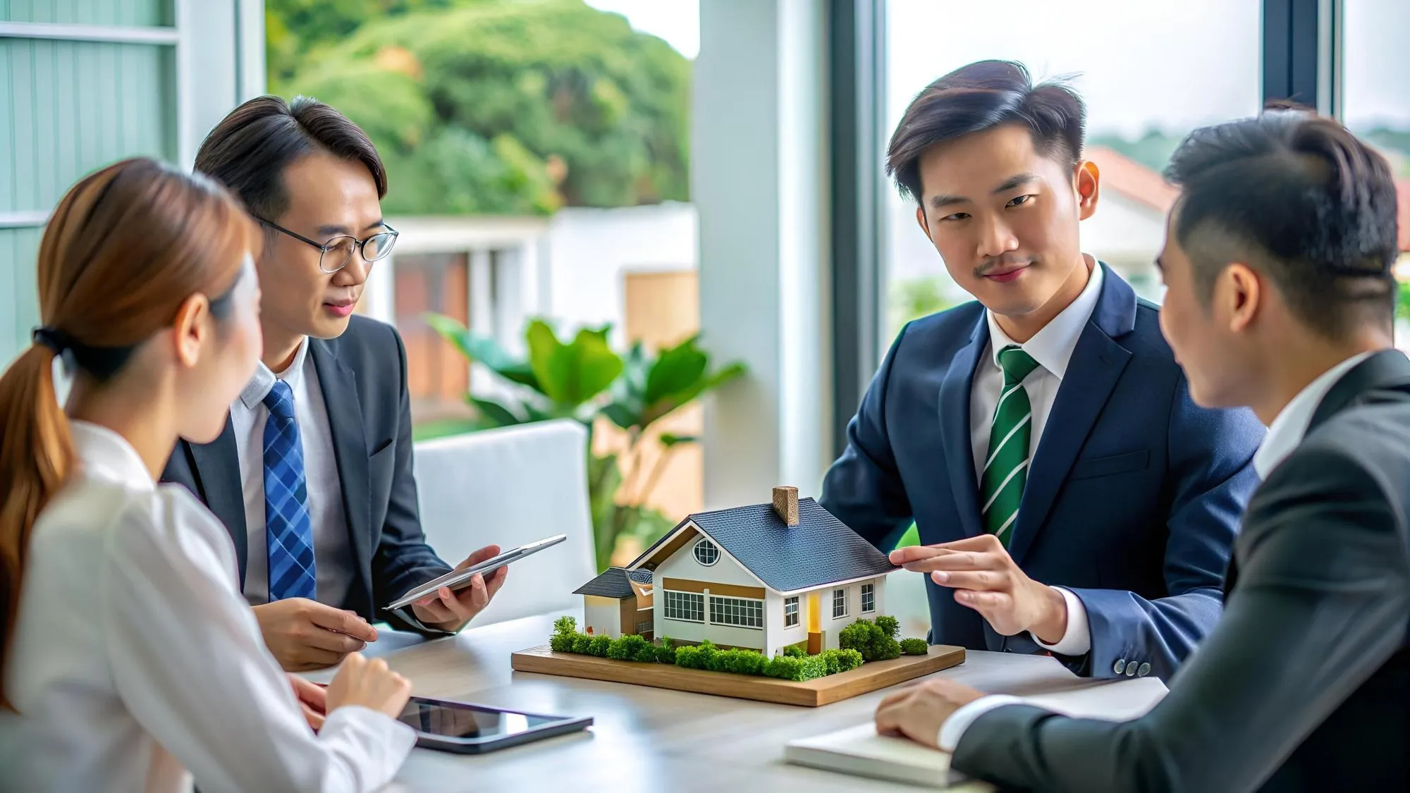 Agents and clients discussing a model house around a table