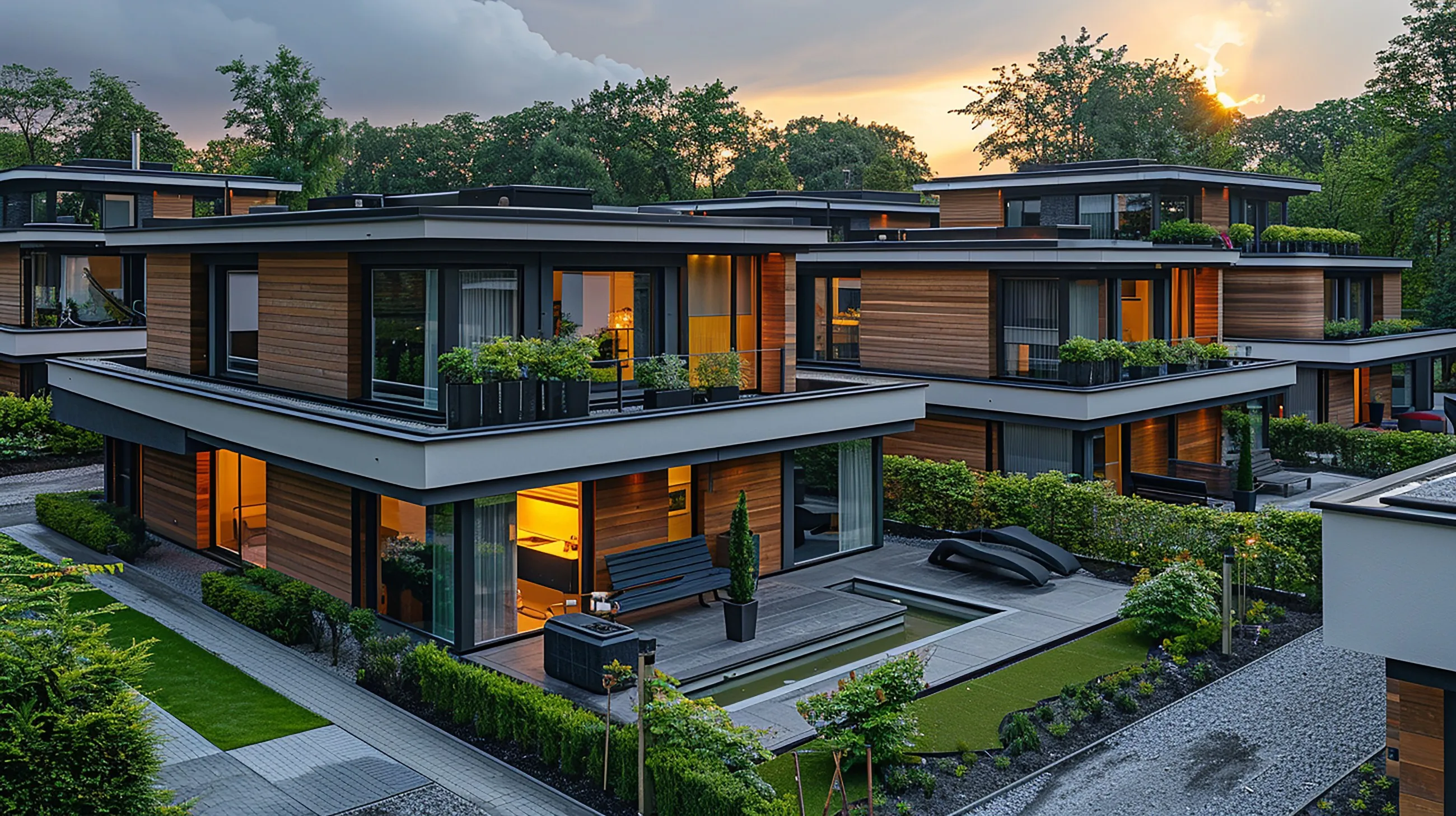 Stepped terrace of townhouses with planted roofs and warm interior light at dusk