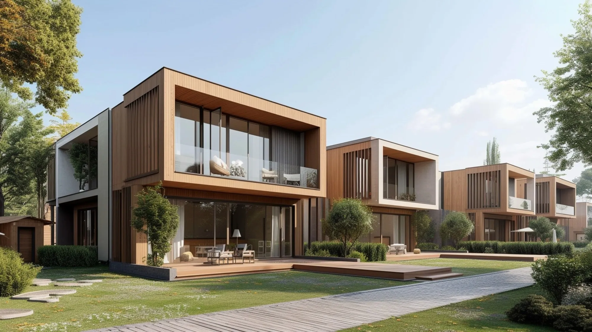 Terrace of timber-clad modern homes with glass balconies and lawns