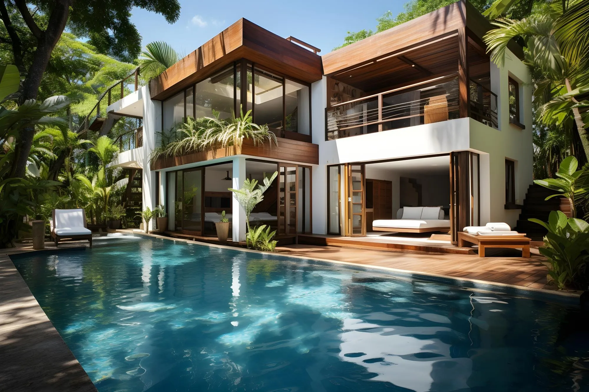Modern villa with timber balconies behind a turquoise pool and tropical planting