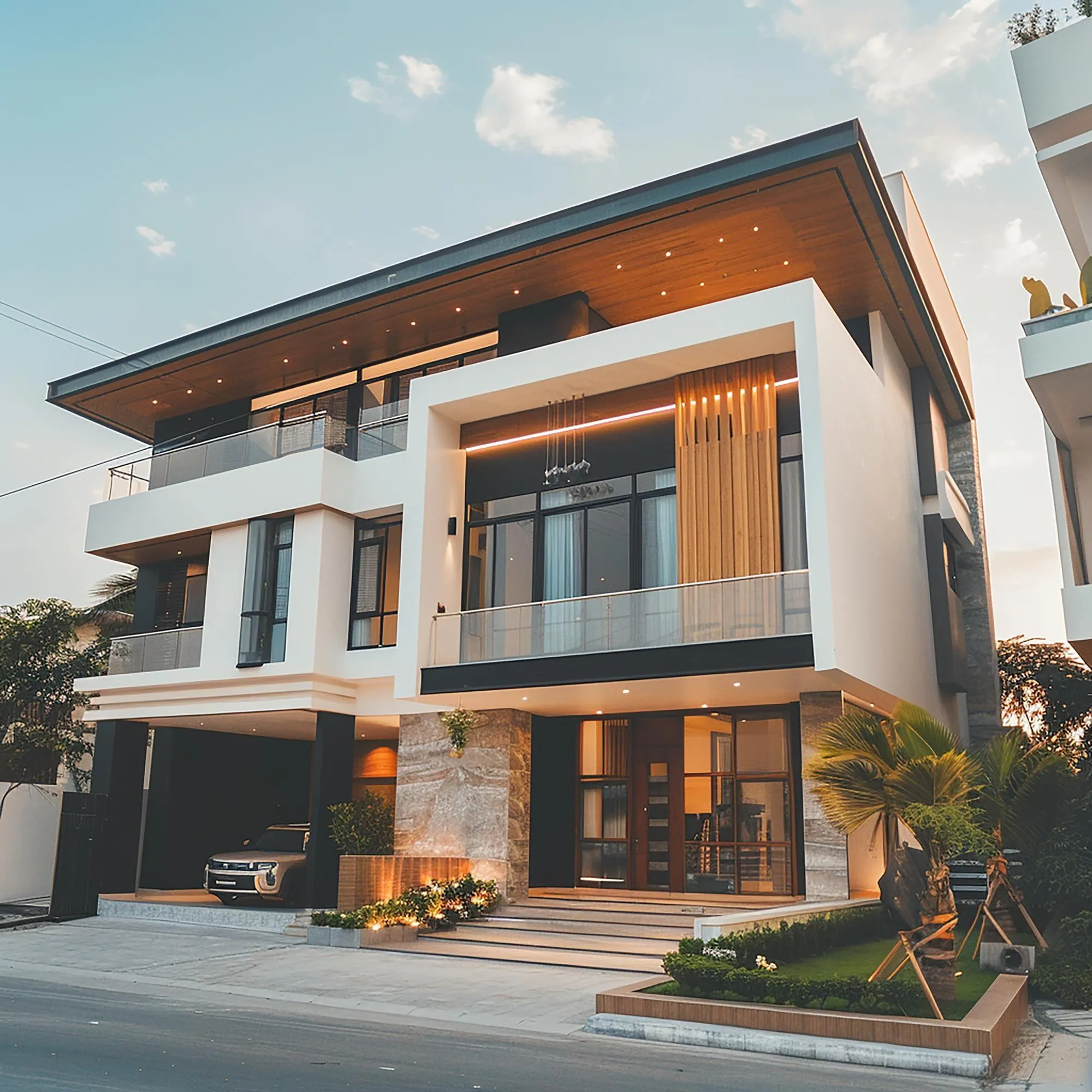 White two-storey villa with timber soffits and warm uplighting at dusk