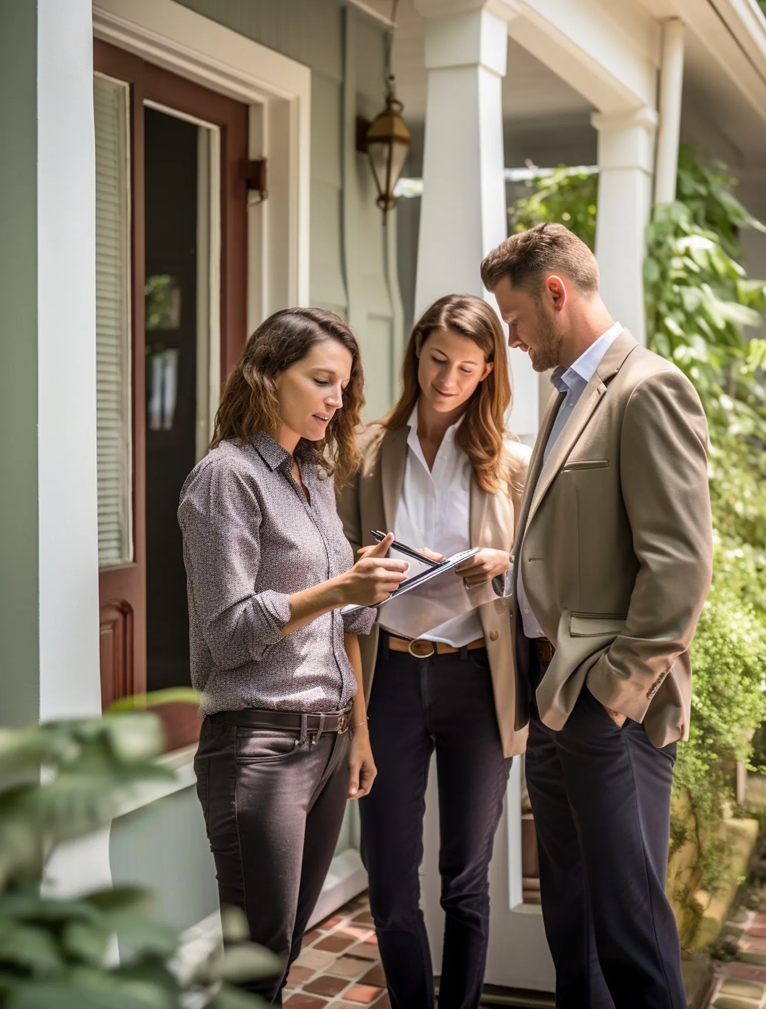 An agent going through details with two clients outside a house