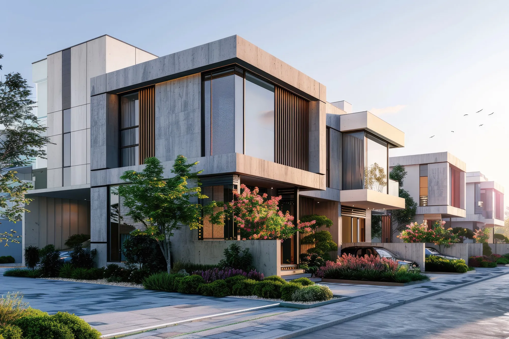 White and timber cubic townhouses with flowering gardens along a quiet street